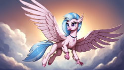 Size: 1920x1080 | Tagged: safe, ai content, derpibooru import, machine learning generated, silverstream, hippogriff, g4, female, flying, outdoors, prompter:natjo, solo