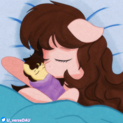 Size: 3072x3072 | Tagged: safe, artist:juniverse, derpibooru import, oc, baby, bed, female, mother and child, mother and daughter, parent and child, ponysona, sleeping