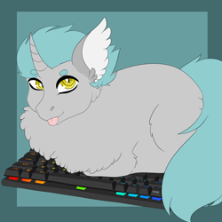 Size: 3000x3000 | Tagged: safe, artist:inisealga, derpibooru import, oc, oc only, bat pony, hybrid, unicorn, :p, bat pony oc, bat pony unicorn, behaving like a cat, chest fluff, cute, ear fluff, ears, fluffy, horn, hybrid oc, keyboard, looking at you, lying down, passepartout, ponyloaf, prone, slit eyes, solo, tail, tongue, tongue out, wingless, wingless bat pony