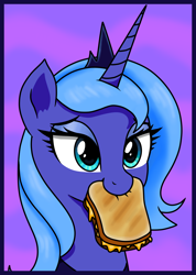 Size: 1614x2261 | Tagged: safe, artist:vomitvomiting, derpibooru import, princess luna, alicorn, pony, g4, abstract background, drawthread, food, mouth hold, requested art, s1 luna, sandwich, solo