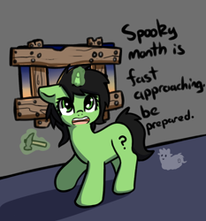 Size: 668x718 | Tagged: safe, artist:neuro, derpibooru import, oc, oc:anon filly, earth pony, ghost, pony, undead, unicorn, board, boarded window, female, filly, foal, glowing, glowing horn, hammer, horn, indoors, levitation, magic, solo, spooky month, talking to viewer, telekinesis, window