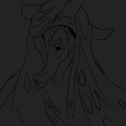 Size: 1024x1024 | Tagged: safe, artist:gayplantsex, derpibooru import, queen chrysalis, changeling, changeling queen, g4, blindfold, bust, drool, gray background, grayscale, lineart, long tongue, mawshot, monochrome, open mouth, simple background, solo, tongue, tongue out