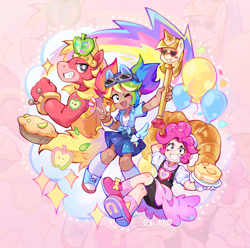 Size: 3022x3000 | Tagged: safe, artist:starry_zitong, artist:xingchen30du, derpibooru import, big macintosh, pinkie pie, rainbow dash, anthro, human, g4, alternative cutie mark placement, apple, apple pie, bread, converse, croissant, female, food, glasses, grin, heart shaped glasses, humanized, ice cream, ice cream cone, ice cream horn, light skin, male, one eye closed, open mouth, open smile, peace sign, pie, scepter, shoes, shoulder cutie mark, smiling, sunglasses, sunglasses on head, tan skin, trio, twilight scepter, wink