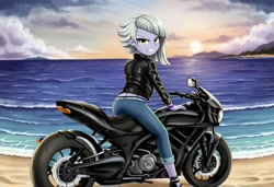 Size: 1216x832 | Tagged: safe, ai content, derpibooru import, machine learning generated, limestone pie, human, equestria girls, g4, angry, beach, equestria girls-ified, looking at you, motorcycle, outdoors, prompter:nw th, solo