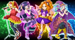 Size: 5600x3000 | Tagged: safe, artist:uotapo, color edit, derpibooru import, edit, editor:overlord 2, adagio dazzle, sunset shimmer, trixie, twilight sparkle, human, pony, equestria girls, g4, bare shoulders, rainbow rocks 10th anniversary, skin color edit, sleeveless