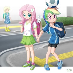 Size: 2000x2000 | Tagged: safe, artist:uotapo, color edit, derpibooru import, edit, editor:overlord 2, angel bunny, derpy hooves, fluttershy, rainbow dash, human, equestria girls, g4, backpack, bandaid, female, flutterdash, football, holding hands, lesbian, light skin, outdoors, shipping, skin color edit, sports