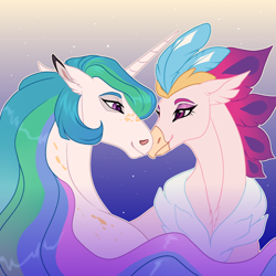 Size: 1280x1280 | Tagged: safe, artist:silkybell, derpibooru import, princess celestia, queen novo, alicorn, hippogriff, g4, my little pony: the movie, chest fluff, crown, cute, digital art, duo, ethereal mane, eyebrows, eyelashes, eyeshadow, facial markings, female, flowing mane, gradient background, happy, hoers, horn, jewelry, lesbian, lidded eyes, looking at each other, looking at someone, makeup, mare, novolestia, nuzzling, peytral, regalia, shipping, smiling, smiling at each other