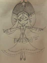 Size: 3024x4032 | Tagged: safe, artist:lnx1ynight16, derpibooru import, oc, oc:princess ika, original species, clothes, dress, ear piercing, earring, eyes closed, headdress, jewelry, overlander, piercing, regalia, royalty, traditional art, wedding dress, wings