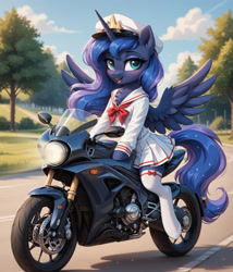 Size: 1935x2259 | Tagged: safe, ai content, derpibooru import, generator:pony diffusion v6 xl, generator:stable diffusion, machine learning generated, princess luna, alicorn, g4, clothes, hat, motorcycle, necktie, outdoors, prompter:midnight dashie, riding, road, shirt, skirt, smiling, spread wings, stockings, thigh highs, wings