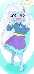 Size: 1952x4226 | Tagged: safe, artist:batipin, derpibooru import, trixie, human, equestria girls, g4, 2d, ankles, barefoot, blushing, chibi, clothes, cutie mark on clothes, dialogue, feet, female, hand on hip, hoodie, jacket, long sleeves, looking at you, open mouth, open smile, pointing, pointing at self, skirt, smiling, solo, toes, word bubble, zipper