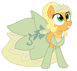 Size: 1006x934 | Tagged: safe, artist:doggie31, derpibooru import, applejack, earth pony, pony, g4, alternate hairstyle, applebetes, applejack also dresses in style, clothes, commission, cute, disney, disney princess, dress, evening gloves, female, freckles, gloves, gown, grin, jackabetes, jewelry, long gloves, mare, necklace, princess tiana, simple background, smiling, solo, the princess and the frog, tiana, transparent background