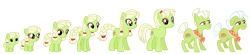 Size: 1475x320 | Tagged: safe, artist:dazzle, derpibooru import, granny smith, earth pony, pony, g4, accessory, adorasmith, age progression, braid, braided pigtails, braided ponytail, braided tail, cute, female, filly, foal, headband, mare, older, pigtails, ponytail, simple background, tail, transparent background, young granny smith, younger