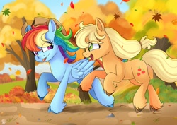 Size: 2048x1448 | Tagged: safe, artist:galaxy swirl, derpibooru import, applejack, rainbow dash, earth pony, pegasus, pony, fall weather friends, g4, :p, accessory theft, appledash, applejack's hat, autumn, clothes, cowboy hat, duo, duo female, eye clipping through hair, eyebrows, eyebrows visible through hair, female, folded wings, freckles, galloping, hat, leaf, leaf pile, leaves, lesbian, looking at each other, looking at someone, mare, open mouth, open smile, outdoors, rainbow dash wearing applejack's hat, running, scene interpretation, shipping, signature, smiling, smiling at each other, tied hair, tongue, tongue out, tree, unshorn fetlocks, wings