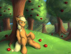 Size: 3273x2462 | Tagged: safe, artist:flapstune, derpibooru import, applejack, earth pony, pony, g4, apple, apple tree, female, food, grass, green eyes, hat, looking at something, mare, outdoors, signature, sitting, smiling, solo, straw in mouth, tree