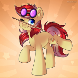 Size: 2900x2919 | Tagged: safe, artist:madelinne, derpibooru import, oc, oc only, earth pony, balancing, earth pony oc, female, mare, one eye closed, ponies balancing stuff on their nose, smiling, solo, sunburst background, wink