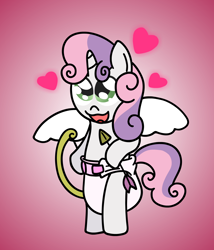 Size: 1920x2238 | Tagged: safe, artist:snowflakepone, derpibooru import, sweetie belle, unicorn, g4, abdl, arrow, bipedal, bow, cupid, curly hair, curly mane, curly tail, cute, diaper, diaper fetish, female, fetish, filly, foal, happy, heart, horn, looking at you, looking up, looking up at you, open mouth, tail, wings