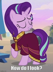 Size: 500x677 | Tagged: safe, derpibooru import, edit, edited screencap, screencap, starlight glimmer, pony, unicorn, g4, road to friendship, bronybait, caption, clothes, eyes closed, female, horn, image macro, imgflip, mare, outdoors, raised hoof, raised leg, robe, smiling, talking to viewer, text