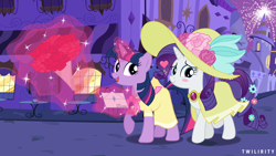 Size: 8000x4500 | Tagged: safe, artist:twilirity, derpibooru import, rarity, twilight sparkle, unicorn twilight, pony, unicorn, g4, birthday dress, bouquet, canterlot, clothes, dress, duo, duo female, female, fireworks, flower, flower in tail, hat, lesbian, letter, mare, rarilight, shipping, tail