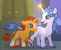 Size: 958x790 | Tagged: safe, artist:hopenotfound, derpibooru import, fancypants, sunburst, pony, unicorn, g4, blushing, cloven hooves, coat markings, colored hooves, colt, colt fancy pants, colt sunburst, duo, duo male, fetlock tuft, foal, height difference, hooves, horn, looking at you, magic, male, ship:fancyburst, socks (coat marking), story included, younger