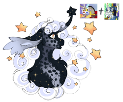 Size: 1280x1065 | Tagged: safe, artist:malinraf1615, derpibooru import, discord, star swirl the bearded, oc, pony, g4, curved horn, horn, interspecies offspring, magical gay spawn, offspring, parent:discord, parent:star swirl the bearded, simple background, transparent background