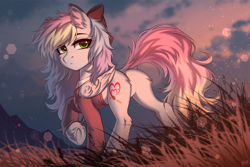 Size: 1920x1280 | Tagged: safe, artist:hakaina, derpibooru import, oc, oc:blazey sketch, pegasus, bow, clothes, detailed background, hair bow, multicolored hair, outdoors, solo, sweater