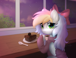 Size: 3286x2486 | Tagged: safe, artist:feelgood, derpibooru import, oc, oc:blazey sketch, pegasus, bow, cafe, clothes, hair bow, indoors, looking at you, multicolored hair, night, pegasus oc, solo, sweater