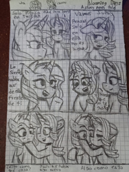 Size: 1204x1600 | Tagged: safe, artist:rosa ushiromiya, derpibooru import, starlight glimmer, sunset shimmer, pony, unicorn, fanfic:blooming days, g4, comic, duo, duo female, female, horn, kissing, lesbian, mare, monochrome, ship:shimmerglimmer, shipping, spanish, traditional art