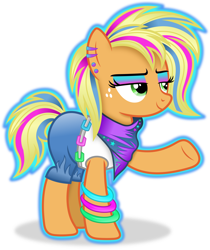 Size: 3002x3575 | Tagged: safe, artist:anime-equestria, derpibooru import, applejack, earth pony, g4, 80s, alternate hairstyle, belt buckle, clothes, ear piercing, eyeshadow, female, makeup, mare, piercing, scarf, simple background, smiling, solo, tomboy, transparent background, vector