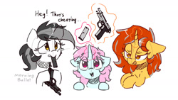 Size: 1280x720 | Tagged: safe, artist:morningbullet, derpibooru import, oc, oc only, oc:cinderheart, oc:noot, oc:scoops, earth pony, pony, unicorn, beretta, beretta 92fs, gun, handgun, horn, magic, pistol, simple background, sketch, telekinesis, tongue, tongue out, trio, unicorn oc, weapon, white background