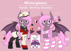 Size: 3844x2768 | Tagged: safe, artist:moonatik, derpibooru import, oc, oc only, oc:wintergleam, bat pony, bat pony oc, beret, boots, braid, clothes, commission, cute, evil smile, hat, military uniform, reference sheet, scarf, shoes, smiling, socks, solar empire, uniform