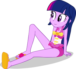 Size: 1416x1286 | Tagged: safe, artist:dustinwatsongkx, derpibooru import, twilight sparkle, human, equestria girls, g4, clothes swap, female, geode of sugar bombs, magical geodes, pinkie pie swimsuit, simple background, solo, swimsuit swap, transparent background