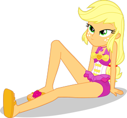 Size: 1367x1268 | Tagged: safe, artist:dustinwatsongkx, derpibooru import, applejack, human, equestria girls, g4, clothes swap, female, freckles, geode of sugar bombs, hatless, magical geodes, missing accessory, pinkie pie swimsuit, simple background, solo, swimsuit swap, transparent background