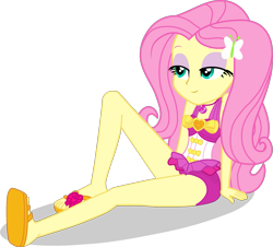 Size: 1467x1324 | Tagged: safe, artist:dustinwatsongkx, derpibooru import, fluttershy, human, equestria girls, g4, bare shoulders, bow, clothes, clothes swap, eyeshadow, female, flip-flops, geode of sugar bombs, legs, magical geodes, makeup, one-piece swimsuit, pinkie pie swimsuit, sandals, simple background, sitting, sleeveless, smiling, solo, swimsuit, swimsuit swap, transparent background