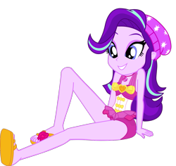 Size: 1487x1406 | Tagged: safe, artist:dustinwatsongkx, derpibooru import, starlight glimmer, human, equestria girls, g4, beanie, clothes, clothes swap, female, geode of sugar bombs, hat, magical geodes, simple background, solo, swimsuit, swimsuit swap, transparent background