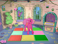 Size: 800x600 | Tagged: safe, derpibooru import, sundance (g2), butterfly, earth pony, pony, g2, book, brush, cute, dance studio, door, exit, female, flower, flower pot, g2 sundawwnce, g2betes, indoors, jukebox, mare, my little pony: friendship gardens, picture, picture frame, ponyland, solo, steps, tree, window