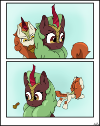 Size: 2101x2633 | Tagged: safe, artist:aubs, artist:derpy_fan, derpibooru import, autumn blaze, cinder glow, summer flare, kirin, 2 panel comic, butt, comic, food, muffin, newbie artist training grounds, plot