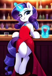 Size: 832x1216 | Tagged: safe, ai content, derpibooru import, machine learning generated, rarity, pony, unicorn, g4, alcohol, bar, bedroom eyes, bipedal, clothes, covered cutie mark, cutie mark accessory, cutie mark necklace, dress, female, glass, horn, indoors, jewelry, lidded eyes, looking at you, mare, necklace, prompter needed, red dress, seductive, smiling, smiling at you, solo, stupid sexy rarity, wine, wine glass