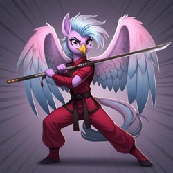 Size: 1024x1024 | Tagged: safe, ai content, derpibooru import, machine learning generated, silverstream, anthro, hippogriff, g4, clothes, cosplay, costume, dynamic pose, female, feminism, g.i. joe, generator:google imagen 3.0, gi joe the movie, gradient background, jinx (gi joe), naginata, prompter:zerowinger, smiling, smirk, solo, spread wings, weapon, wings