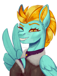 Size: 1280x1724 | Tagged: safe, artist:mr20catfish, derpibooru import, lightning dust, pegasus, pony, bomber jacket, clothes, cute, deviantart watermark, dustabetes, feather fingers, female, grin, hoof on chest, jacket, mare, obtrusive watermark, one eye closed, peace sign, simple background, smiling, solo, transparent background, watermark, wing hands, wings, wink