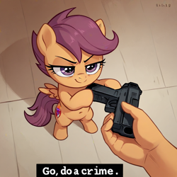 Size: 1024x1024 | Tagged: safe, ai content, derpibooru import, machine learning generated, scootaloo, human, pegasus, pony, g4, belly, belly button, bipedal, disembodied hand, female, filly, foal, go do a crime, gun, hand, handgun, lidded eyes, meme, pistol, prompter needed, smug, smugaloo, text, weapon, wrong cutie mark