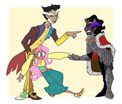 Size: 3500x3000 | Tagged: safe, artist:3ggmilky, derpibooru import, discord, fluttershy, king sombra, human, armor, beard, belly button, belly piercing, bowtie, cape, clothes, coat, colored sclera, crown, dark skin, discoshy, duo, facial hair, feet, female, gloves, gritted teeth, holding hands, humanized, jewelry, looking at each other, looking at someone, male, midriff, mismatched shoes, moderate dark skin, necklace, necktie, open mouth, passepartout, piercing, regalia, rivalry, robe, sandals, shipping, shirt, shoes, skirt, sombrashy, straight, suit, teeth, trio