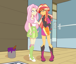 Size: 1800x1500 | Tagged: safe, artist:ignoto_delta, derpibooru import, fluttershy, sunset shimmer, human, equestria girls, g4, duo, duo female, female, freckles, indoors, my little pony equestria girls, peppered bacon, scene interpretation