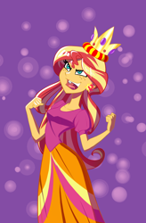 Size: 864x1317 | Tagged: safe, artist:ignoto_delta, derpibooru import, sunset shimmer, human, equestria girls, g4, clothes, crown, dress, evil smile, fall formal, female, freckles, jewelry, my little pony equestria girls, narrowed eyes, open mouth, open smile, peppered bacon, regalia, scene interpretation, smiling, solo