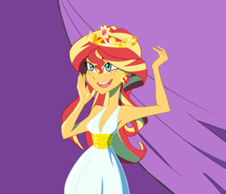 Size: 1094x936 | Tagged: safe, artist:ignoto_delta, derpibooru import, sunset shimmer, human, equestria girls, equestria girls (movie), g4, breasts, cleavage, clothes, crown, dress, female, freckles, jewelry, my little pony equestria girls, open mouth, open smile, peppered bacon, regalia, smiling, solo, tiara