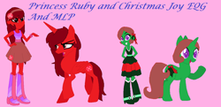 Size: 1232x594 | Tagged: safe, artist:celestiathefilly, artist:selenaede, derpibooru import, oc, oc only, oc:christmas joy, oc:princess ruby, alicorn, human, pony, unicorn, equestria girls, g4, alicorn oc, boots, bracelet, closed mouth, clothes, colored pupils, concave belly, dress, duo, equestria girls oc, equestria girls-ified, female, folded wings, frown, grin, hand on hip, hands behind back, high heel boots, horn, jewelry, looking at you, mare, open mouth, physique difference, pink background, purple eyes, raised hoof, raised leg, red eyes, shirt, shoes, simple background, skirt, slender, slim, smiling, standing, tanktop, thin, unicorn oc, walking, wings