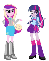 Size: 477x597 | Tagged: safe, artist:clonetropsrule344, artist:selenaede, derpibooru import, princess cadance, twilight sparkle, equestria girls, g4, boots, clothes, duo, duo female, eqg promo pose set, female, high heel boots, shirt, shoes, simple background, sisters-in-law, skirt, white background