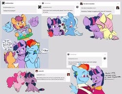 Size: 4096x3151 | Tagged: safe, artist:chub-wub, derpibooru import, fluttershy, pinkie pie, rainbow dash, scootaloo, trixie, twilight sparkle, unicorn twilight, earth pony, pegasus, pony, unicorn, g4, ask, badge, bangs, beard, blue coat, blue eyes, blue mane, blue tail, blushing, chest fluff, chibi, clothes, colored, colored sketch, crossed hooves, curly hair, curly mane, curly tail, cute, cutealoo, dialogue, drawing, evil twilight, eyebrows, eyebrows visible through hair, eyelashes, eyes closed, facial hair, female, flat colors, flirting, flower, frown, glowing, glowing horn, gray background, hatching (technique), holding, hoof hold, horn, kneeling, lesbian, lidded eyes, looking away, lying down, magic, male, mare, messy mane, messy tail, missing cutie mark, multicolored hair, multicolored mane, no pupils, nonbinary, nudging, nuzzling, on one knee, one eye closed, open mouth, open smile, orange coat, partially open wings, pink mane, pink tail, prone, purple coat, purple eyes, purple mane, rainbow hair, raised eyebrow, red eyes, requested art, rose, scootadoption, shipping, short mane twilight sparkle, simple background, sitting, sketch, smiling, speech bubble, tail, talking, telekinesis, text, three toned mane, trans male, trans rainbow dash, trans twilight sparkle, transgender, tumblr, twidash, twilight sparkle is not amused, twinkie, twishy, twixie, two toned mane, two toned tail, unamused, uniform, wall of tags, wings, wink, yellow coat