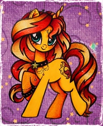 Size: 2584x3160 | Tagged: safe, artist:dariarchangel, derpibooru import, sunset shimmer, pony, unicorn, equestria girls, g4, alternate hairstyle, beads, big eyes, blushing, bracelet, choker, crescent moon, cute, ear piercing, earring, female, glittery cutie mark, horn, jewelry, long hair, long mane, long tail, mare, moon, orange coat, piercing, raised hoof, raised leg, redhead, rockstar, shimmerbetes, smiling, solo, stars, tail, traditional art, two toned hair, two toned mane, two toned tail, unicorn horn