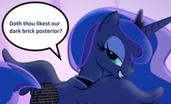 Size: 1434x871 | Tagged: safe, derpibooru import, edit, edited screencap, screencap, princess luna, alicorn, pony, g4, to where and back again, 1000 hours in ms paint, bedroom eyes, brick, brick booty, bricks, butt, dialogue, female, fetish, forced meme, lidded eyes, looking at you, looking back, looking back at you, looking over shoulder, mare, moon, moonbutt, plot, smiling, solo, speech bubble, wat