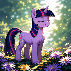 Size: 2800x2800 | Tagged: safe, ai content, derpibooru import, machine learning generated, twilight sparkle, unicorn twilight, pony, unicorn, g4, blurry background, eyes closed, flower, generator:tponynai3, horn, prompt in description, prompter:derp621, solo